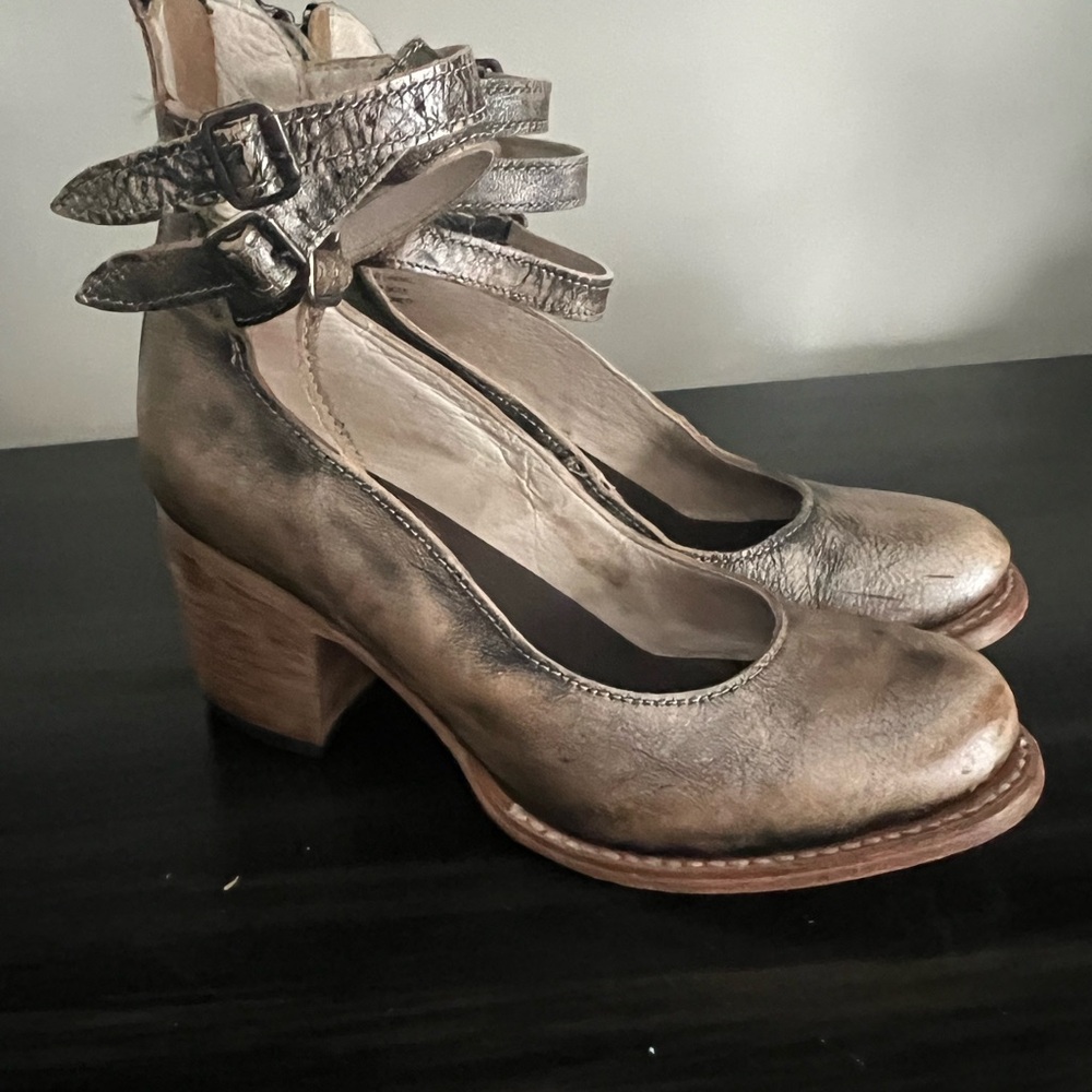 freebird Metallic Bronze Ankle-Strap Block Heels